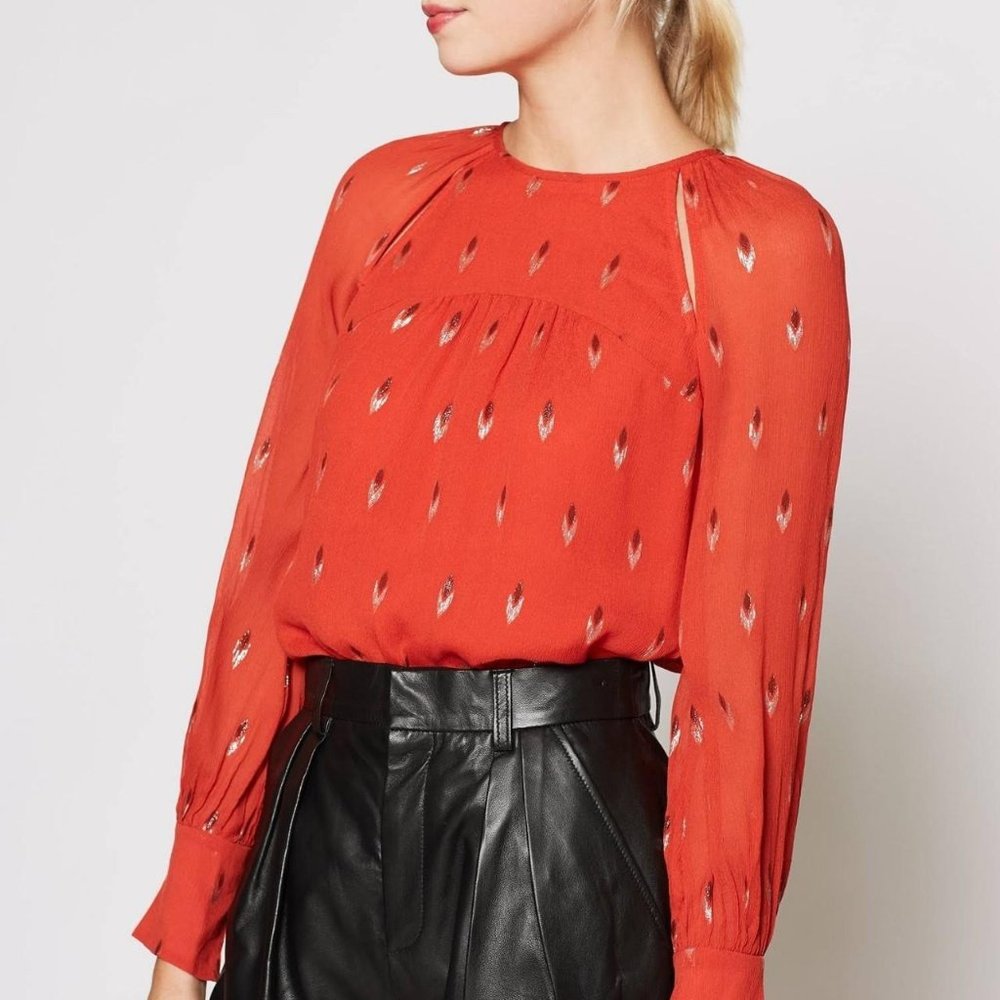 Anthropologie Joie Mosi Metallic Silk Red Gold Blouse Small